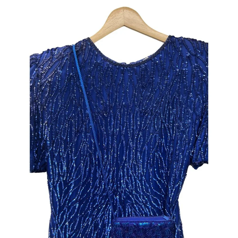 Laurence Kazar Vintage 80's Royal Blue Silk Sequin Cocktail Dress and Purse - Picture 4 of 11
